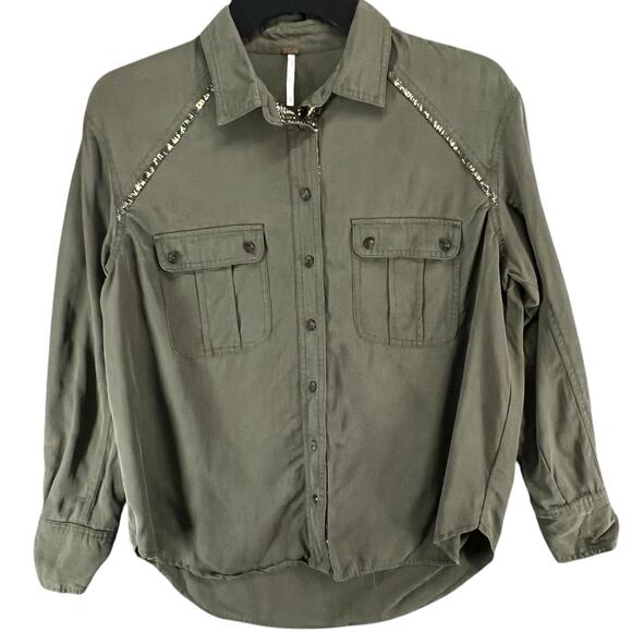 Free People Off Campus Shirt Womens XS Moss Green Tencel Metallic Boho Utility - Picture 2 of 16
